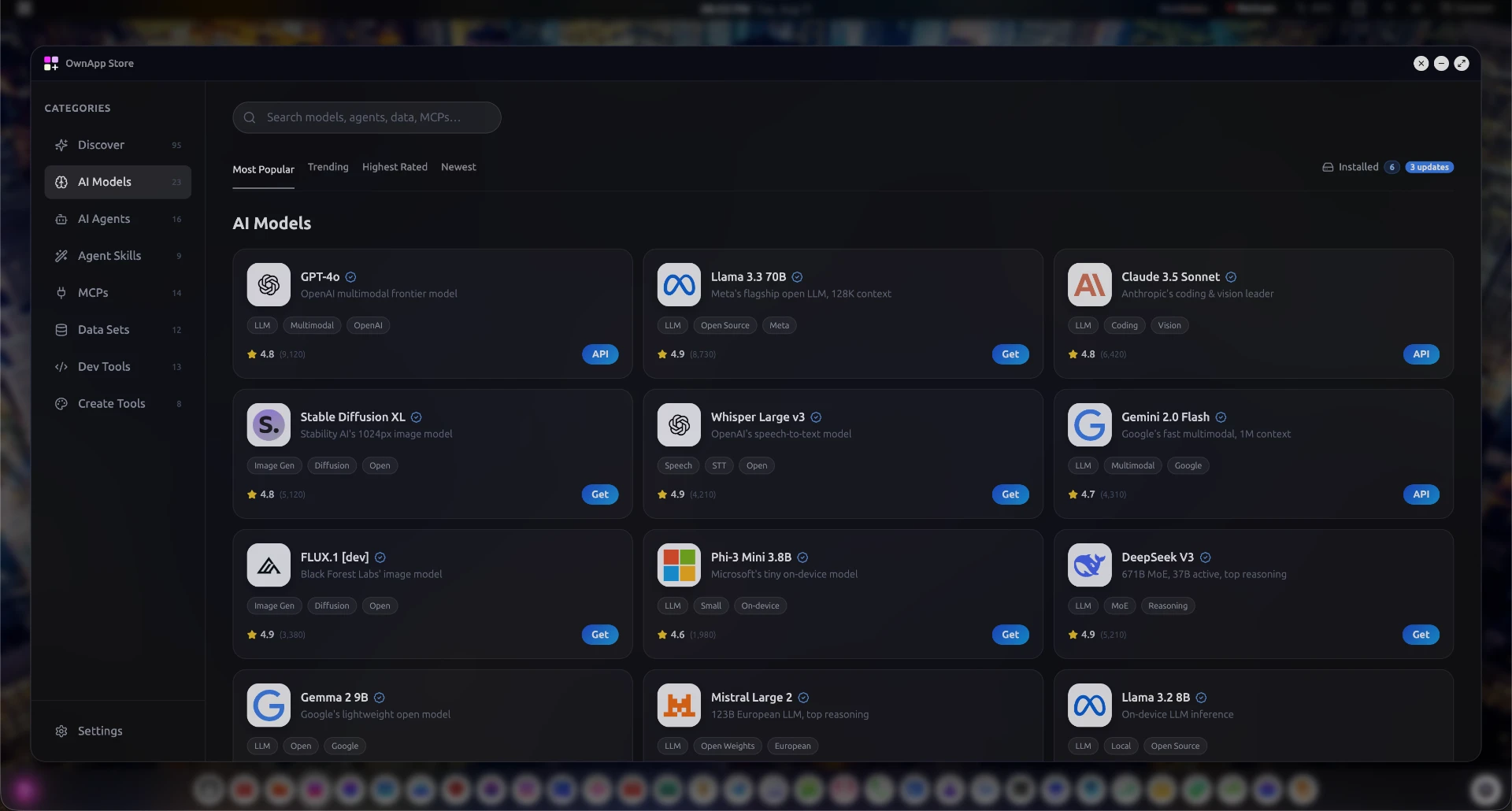Own 1 OwnApp Store showing AI models, agents, skills, MCPs and data sets